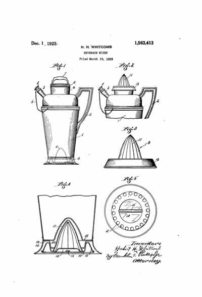Patent for this silver plate cocktail shaker with juicer 